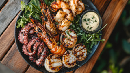 A delicious seafood platter from above, featuring grilled prawns, octopus, and scallops, served with garlic butter and fresh greens on the side.の素材