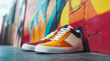 A pair of trendy men's sneakers in a casual setting, showcasing a sleek design and vibrant colors against a modern urban backdropの素材
