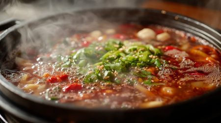 A high-resolution close-up of a hot pot with bubbling broth, featuring an array of colorful ingredients like peppers and greens, emphasizing the dish's richness.の素材