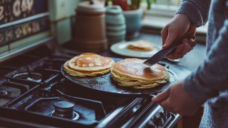 A person flipping pancakes on a hot griddle, with golden-brown pancakes ready on a plate beside the stove.の素材