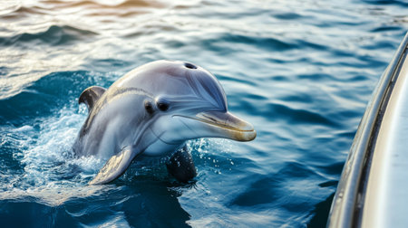 A playful dolphin surfacing next to a boat, with its sleek body and curious eyes clearly visible above the waterの素材