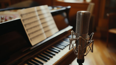 A scene of a microphone setup on a music stand with sheet music and a piano in the background, illustrating a recording or rehearsal environmentの素材