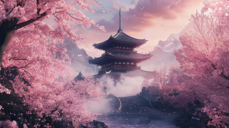 A picturesque view of cherry blossom trees framing a historic temple or pagoda, with the delicate pink flowers adding a touch of elegance to the sceneの素材