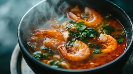 A steaming bowl of Tom Yum Goong photographed from above, with rich red broth, fresh shrimp, and Thai herbs creating a vibrant and appetizing scene.の素材