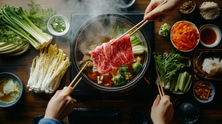 A person using chopsticks to dip thin slices of beef into a pot of shabu-shabu broth, with vegetables and dipping sauces displayed on the tableの素材