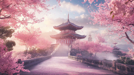 A picturesque view of cherry blossom trees framing a historic temple or pagoda, with the delicate pink flowers adding a touch of elegance to the sceneの素材