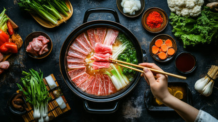 A person using chopsticks to dip thin slices of beef into a pot of shabu-shabu broth, with vegetables and dipping sauces displayed on the tableの素材