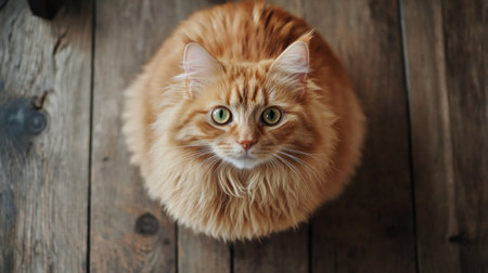 A round, orange cat with fluffy fur sitting on a wooden floor, gazing directly at the camera with a sweet and gentle look.の素材