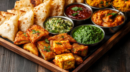 A selection of Indian appetizers including vegetable pakoras, samosas, and paneer tikka, served with mint and tamarind chutneysの素材