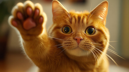 A playful close-up of a fat orange cat reaching out with its paw, looking like it's ready to swat at something.の素材