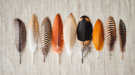 A set of feathers from different bird species arranged neatly on a light fabric, displaying their diverse shapes and colorsの素材