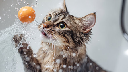 A playful cat batting at a toy floating in a bath, with its fur wet and water splashing aroundの素材