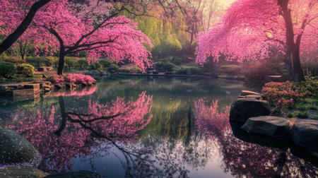 A serene Japanese garden with cherry blossoms in full bloom, reflecting in a tranquil pond and creating a picturesque springtime sceneの素材