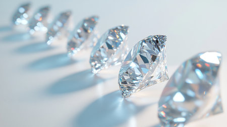 A row of shimmering diamonds lined up neatly on a pure white background, their facets catching and refracting light in every direction.の素材