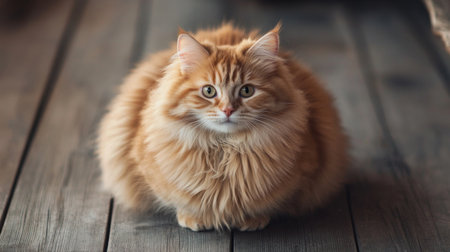 A round, orange cat with fluffy fur sitting on a wooden floor, gazing directly at the camera with a sweet and gentle look.の素材