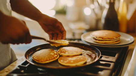 A person flipping pancakes on a hot griddle, with golden-brown pancakes ready on a plate beside the stove.の素材