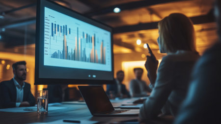 A professional presenting a business graph on a digital projector during a board meeting, with colleagues attentively observing.の素材