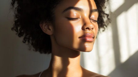 A serene beauty shot of a woman with flawless skin, softly illuminated by daylight coming through a window.の素材
