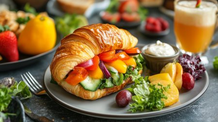 A stylish croissant sandwich with a variety of fresh vegetables and a tangy dressing, presented with a side of fruit and a light, refreshing beverageの素材