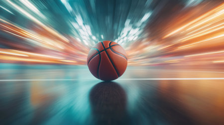 A sleek, modern sports ball, like a football or basketball, resting on a court with a blurred motion effect to emphasize speed and movementの素材