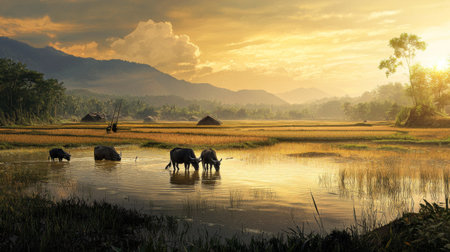 A serene rural scene of a farmer working in a flooded rice field, with traditional tools and water buffaloes enhancing the agricultural settingの素材