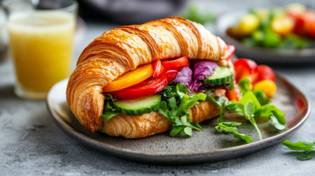 A stylish croissant sandwich with a variety of fresh vegetables and a tangy dressing, presented with a side of fruit and a light, refreshing beverageの素材
