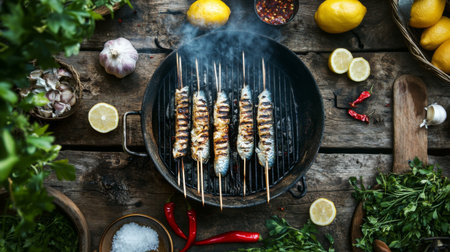 A rustic outdoor setting with a grill and skewers of fish being cooked, surrounded by fresh ingredients like lemon, garlic, and chiliの素材