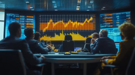 A professional setting with a large screen displaying a gold price chart, surrounded by financial analysts and traders discussing market movementsの素材