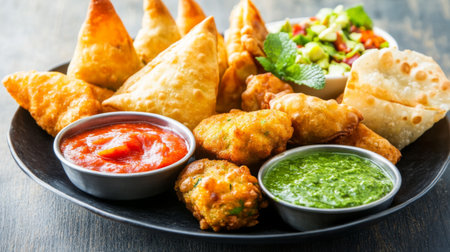 A selection of Indian appetizers including vegetable pakoras, samosas, and paneer tikka, served with mint and tamarind chutneysの素材