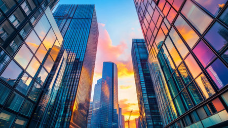 A skyline view of modern skyscrapers in a bustling city center at dusk, with the buildings reflecting the colorful sunset.の素材