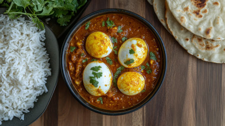 A serving of spicy Indian egg curry with a tomato-based gravy, served with steamed rice and warm rotiの素材