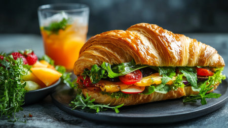 A stylish croissant sandwich with a variety of fresh vegetables and a tangy dressing, presented with a side of fruit and a light, refreshing beverageの素材