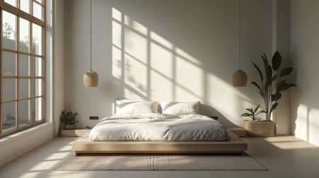 A stylish bedroom with a minimalistic design, featuring a sleek platform bed, large windows with natural light, and a calming color paletteの素材