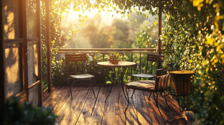A rustic balcony with wooden decking, a set of vintage chairs, and a small table, surrounded by climbing vines and warm sunlightの素材
