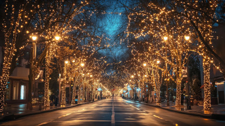 A scenic street view with trees lined with festive lights, casting a magical glow along the road during the holiday season.の素材