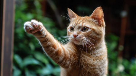 A playful close-up of a fat orange cat reaching out with its paw, looking like it's ready to swat at something.の素材