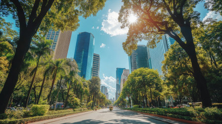 A row of modern skyscrapers along a city center boulevard, with lush green trees lining the street in the foreground.の素材