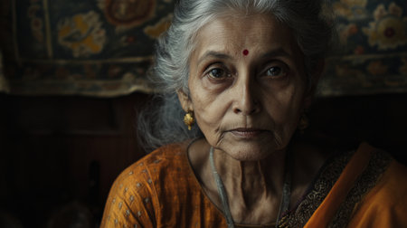 A serene portrait of an elderly woman with silver hair, wearing traditional attire, showcasing her elegant and timeless beautyの素材