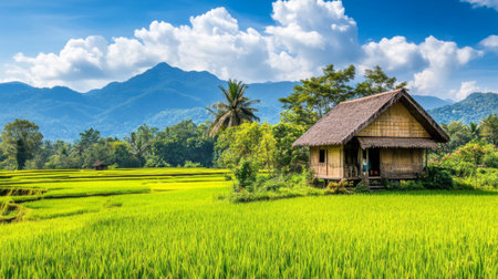A scenic view of a traditional bamboo hut surrounded by expansive rice fields, with mountains in the distance and clear blue skiesの素材