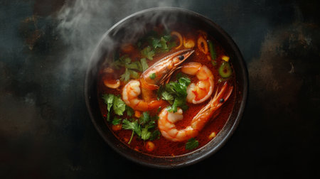 A steaming bowl of Tom Yum Goong photographed from above, with rich red broth, fresh shrimp, and Thai herbs creating a vibrant and appetizing scene.の素材