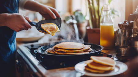 A person flipping pancakes on a hot griddle, with golden-brown pancakes ready on a plate beside the stove.の素材