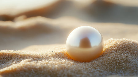 A single pearl resting on a bed of sand, captured up close to show the natural beauty and glow that make pearls so precious.の素材