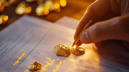 A professional reviewing a printed report with a gold price chart, with a focus on recent fluctuations and investment opportunitiesの素材