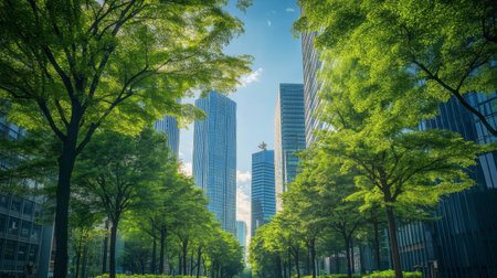 A row of modern skyscrapers along a city center boulevard, with lush green trees lining the street in the foreground.の素材
