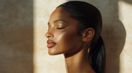 A stylish shot of a woman with a sleek, high ponytail, featuring smooth, glossy hair and a polished look, set against a minimalistic backgroundの素材