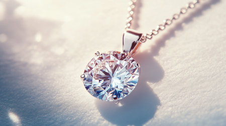 A top-down view of an elegant diamond pendant on a white background, the clear gemstone shimmering against the simple backdrop.の素材