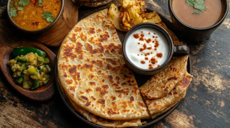 A traditional Indian breakfast spread featuring aloo paratha with yogurt, pickle, and a cup of masala chaiの素材