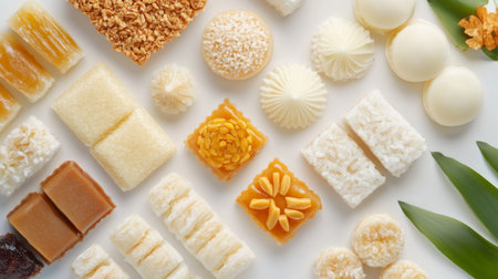 A tempting close-up of Thai desserts such as sweet rice cakes and coconut milk treats, arranged artfully on a white background to highlight their texturesの素材