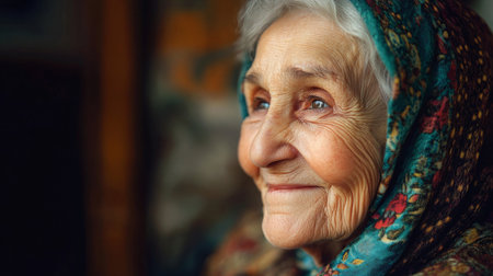 A thoughtful elderly woman with a kind smile, wearing simple, elegant clothing, capturing her dignified and graceful presenceの素材