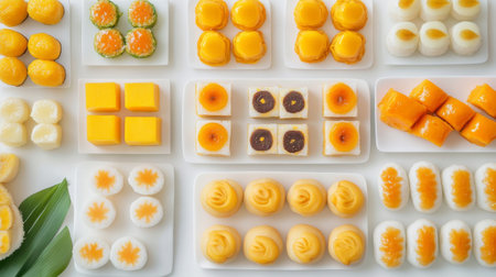 A vibrant display of Thai desserts like mango sticky rice and custard-filled buns, arranged on a white background to emphasize their delicious appealの素材